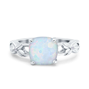 Art Deco Cushion Cut Wedding Ring Lab Created White Opal 925 Sterling Silver